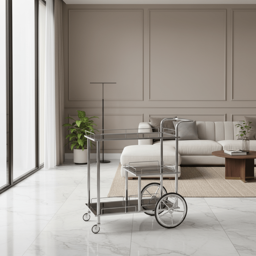 MayFlower 3-Tier Silver Chrome Metal & Clear Glass Serving Trolley Bar Cart | Rolling Hospitality Cart with Spoked Wheels | 77cm × 75cm × 40cm | - Al Kabayel Discount CentreMayFlower 3-Tier Silver Chrome Metal & Clear Glass Serving Trolley Bar Cart | Rolling Hospitality Cart with Spoked Wheels | 77cm × 75cm × 40cm |Organizers & AccessoriesMAYFLOWERAl Kabayel Discount Centre