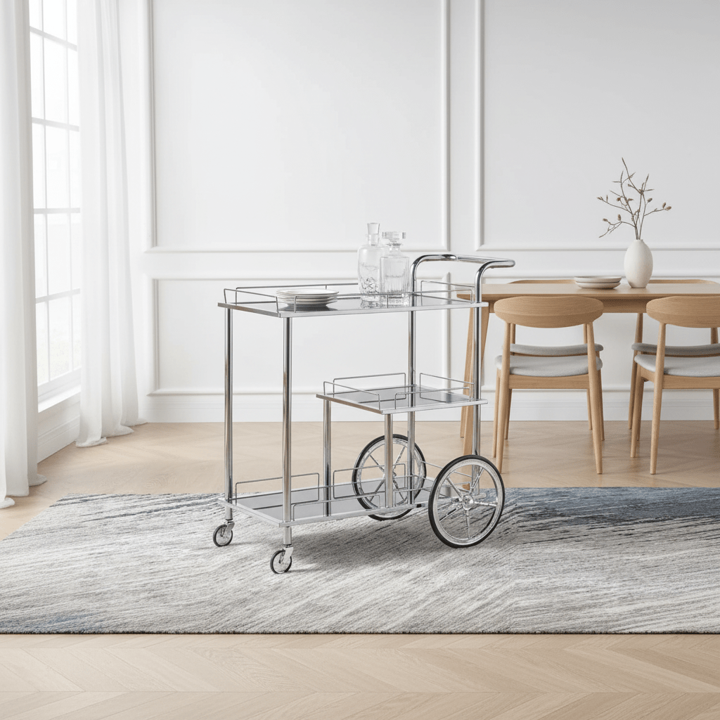 MayFlower 3-Tier Silver Chrome Metal & Clear Glass Serving Trolley Bar Cart | Rolling Hospitality Cart with Spoked Wheels | 77cm × 75cm × 40cm | - Al Kabayel Discount CentreMayFlower 3-Tier Silver Chrome Metal & Clear Glass Serving Trolley Bar Cart | Rolling Hospitality Cart with Spoked Wheels | 77cm × 75cm × 40cm |Organizers & AccessoriesMAYFLOWERAl Kabayel Discount Centre