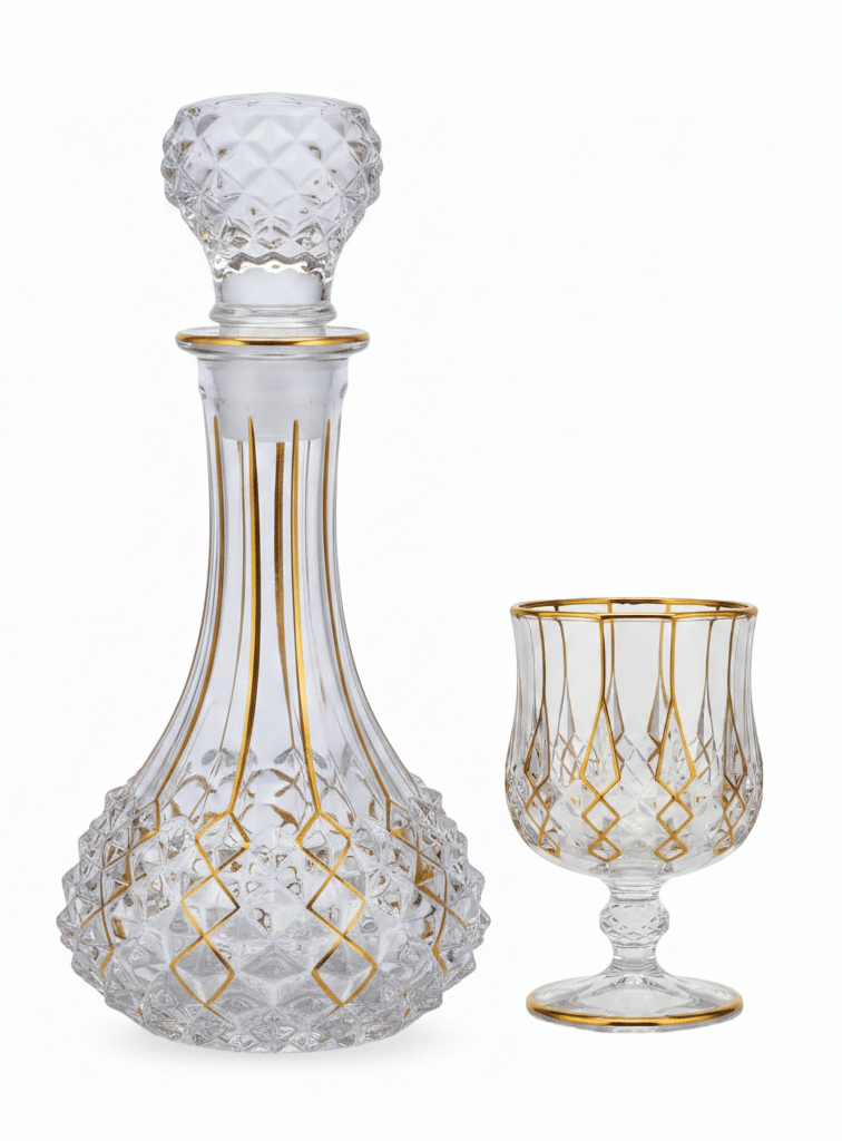 Mayflower 7 Pcs Crystal Glass Decanter Set – 1 Decanter & 6 Glasses - Gold Accent Diamond Cut - Al Kabayel Discount CentreMayflower 7 Pcs Crystal Glass Decanter Set – 1 Decanter & 6 Glasses - Gold Accent Diamond CutDrinkware SetsMAYFLOWERAl Kabayel Discount Centre