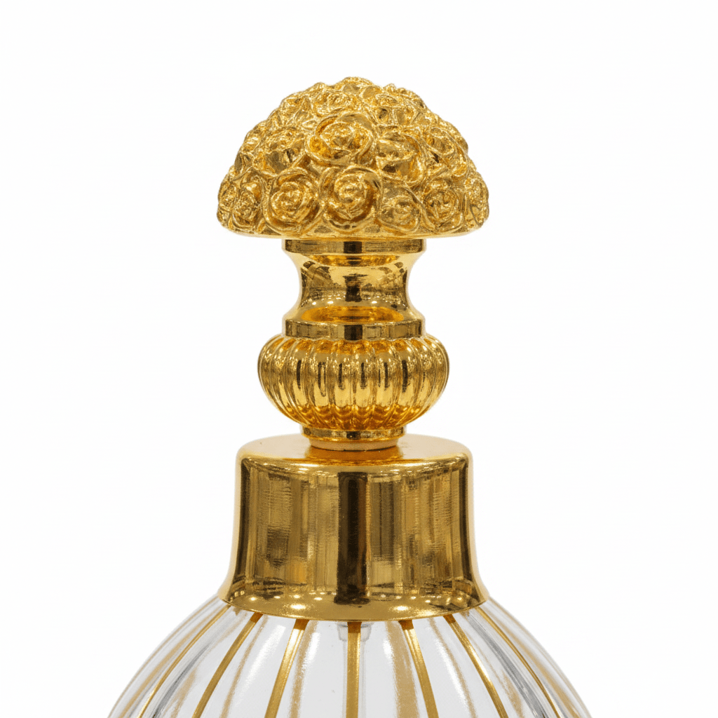 Mayflower Glass Perfume Bottle With Gold Filigree Rose Cap – 200ml - Al Kabayel Discount CentreMayflower Glass Perfume Bottle With Gold Filigree Rose Cap – 200mlPerfume BottlesMAYFLOWERAl Kabayel Discount Centre