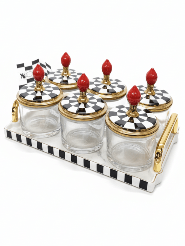 Mayflower Glass & Ceramic Candy Pot Set with Tray – 6 Pieces, Black & White Luxury Serving Set (8*10 Cm Per Pot) - Al Kabayel Discount CentreMayflower Glass & Ceramic Candy Pot Set with Tray – 6 Pieces, Black & White Luxury Serving Set (8*10 Cm Per Pot)Jars & Food SaversMAYFLOWERAl Kabayel Discount Centre