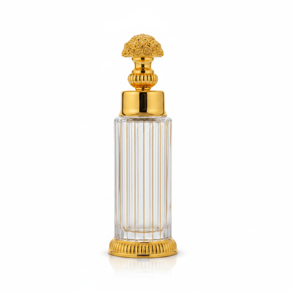 Mayflower Ribbed Crystal Glass Perfume Bottle with Ornate Gold Metal Base — 250ml - Al Kabayel Discount CentreMayflower Ribbed Crystal Glass Perfume Bottle with Ornate Gold Metal Base — 250mlPerfume BottlesMAYFLOWERAl Kabayel Discount Centre