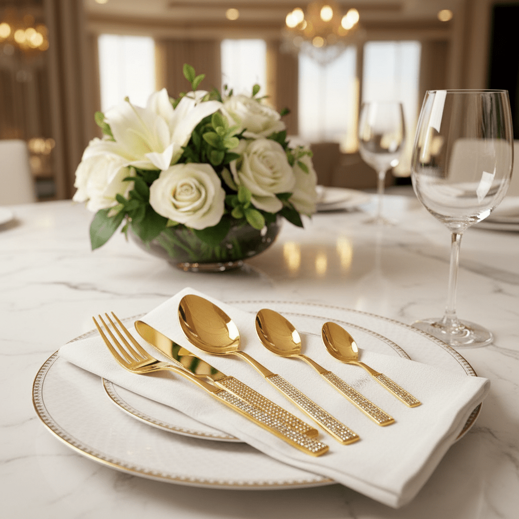 MayFlower Stainless Steel Gold Diamond Pattern Handle Spoon and Fork Set Complete Dining Cutlery Set for Home and Events – 24 Pieces - Al Kabayel Discount CentreMayFlower Stainless Steel Gold Diamond Pattern Handle Spoon and Fork Set Complete Dining Cutlery Set for Home and Events – 24 PiecesSpatulas And SpoonsMAYFLOWERAl Kabayel Discount Centre