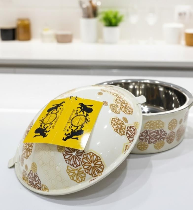 MayFlower Stainless Steel Hot Pot 2500ml – White with Gold & Brown Floral Design, Food Serving Container - Al Kabayel Discount CentreMayFlower Stainless Steel Hot Pot 2500ml – White with Gold & Brown Floral Design, Food Serving ContainerCasserolesMAYFLOWERAl Kabayel Discount Centre