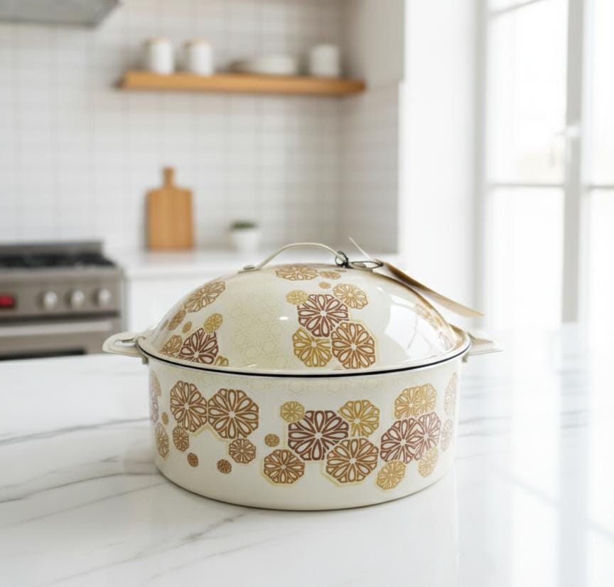 MayFlower Stainless Steel Hot Pot 2500ml – White with Gold & Brown Floral Design, Food Serving Container - Al Kabayel Discount CentreMayFlower Stainless Steel Hot Pot 2500ml – White with Gold & Brown Floral Design, Food Serving ContainerCasserolesMAYFLOWERAl Kabayel Discount Centre