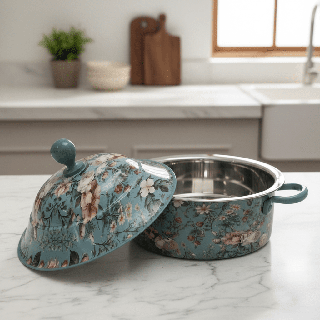 MayFlower Stainless Steel Thermal Hot Pot 2.5L – Green Leaf & Flower Design - Al Kabayel Discount CentreMayFlower Stainless Steel Thermal Hot Pot 2.5L – Green Leaf & Flower DesignCasserolesMAYFLOWERAl Kabayel Discount Centre