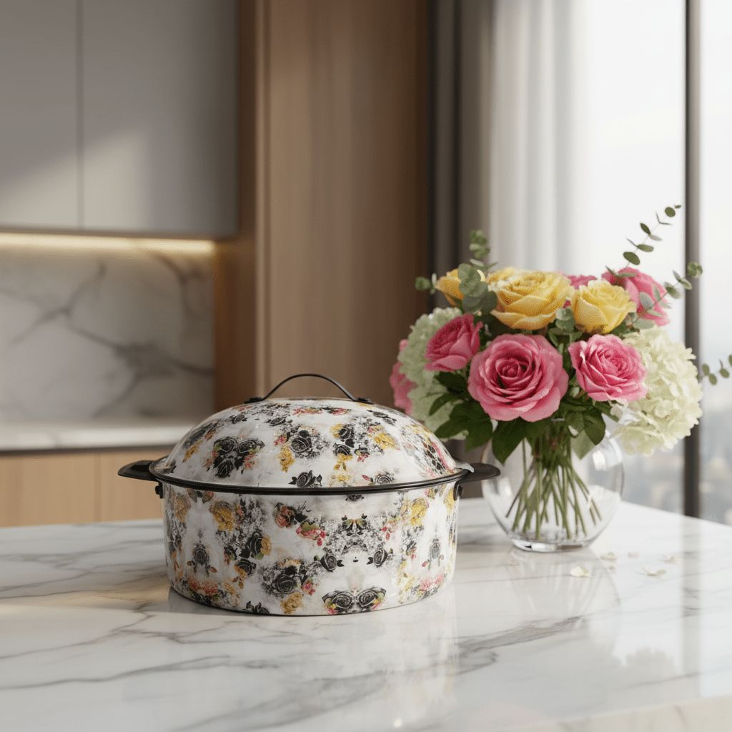 MayFlower Stainless Steel Thermal Hot Pot 3.5L – White with Black Flower Design - Al Kabayel Discount CentreMayFlower Stainless Steel Thermal Hot Pot 3.5L – White with Black Flower DesignCasserolesMAYFLOWERAl Kabayel Discount Centre