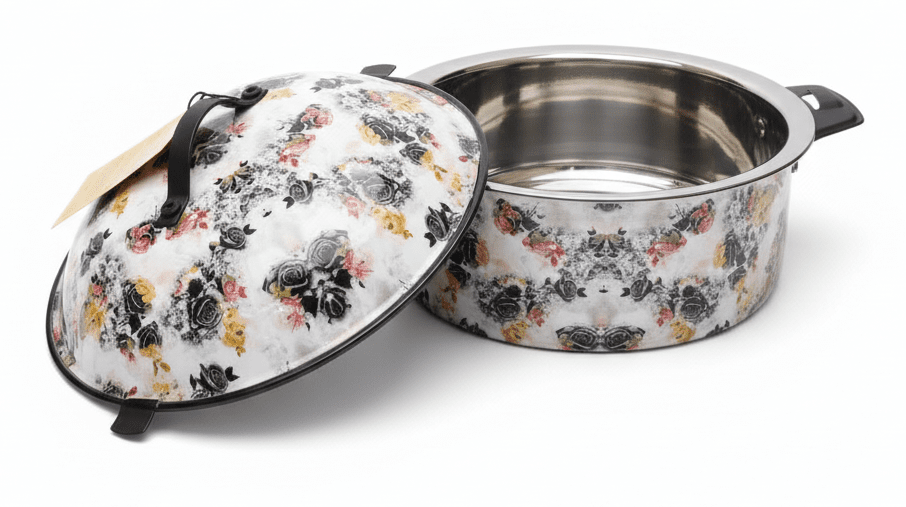 MayFlower Stainless Steel Thermal Hot Pot 3.5L – White with Black Flower Design - Al Kabayel Discount CentreMayFlower Stainless Steel Thermal Hot Pot 3.5L – White with Black Flower DesignCasserolesMAYFLOWERAl Kabayel Discount Centre