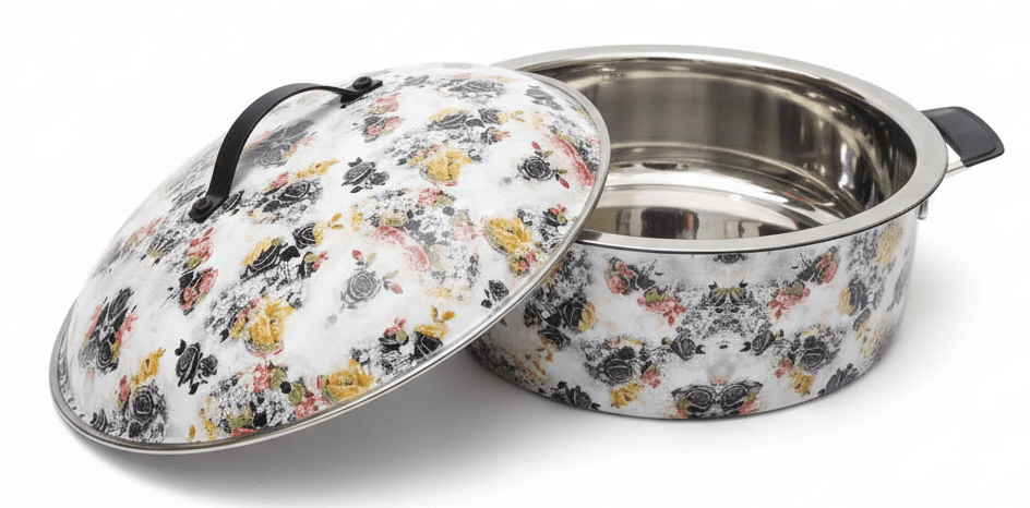 MayFlower Stainless Steel Thermal Hot Pot 5L – White with Black Flower Design - Al Kabayel Discount CentreMayFlower Stainless Steel Thermal Hot Pot 5L – White with Black Flower DesignCasserolesMAYFLOWERAl Kabayel Discount Centre