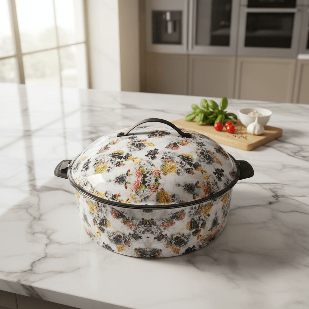 MayFlower Stainless Steel Thermal Hot Pot 5L – White with Black Flower Design - Al Kabayel Discount CentreMayFlower Stainless Steel Thermal Hot Pot 5L – White with Black Flower DesignCasserolesMAYFLOWERAl Kabayel Discount Centre