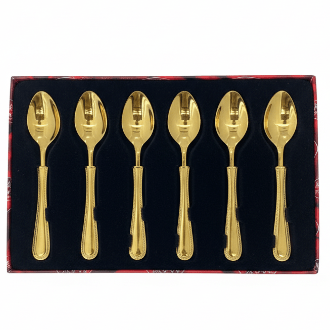 MayFlower Stainless Steel Tinted Gold Spoon Set of 6 Pieces Elegant Teaspoon Set for Coffee, Tea and Desserts – 15 cm - Al Kabayel Discount CentreMayFlower Stainless Steel Tinted Gold Spoon Set of 6 Pieces Elegant Teaspoon Set for Coffee, Tea and Desserts – 15 cmSpatulas And SpoonsMAYFLOWERAl Kabayel Discount Centre