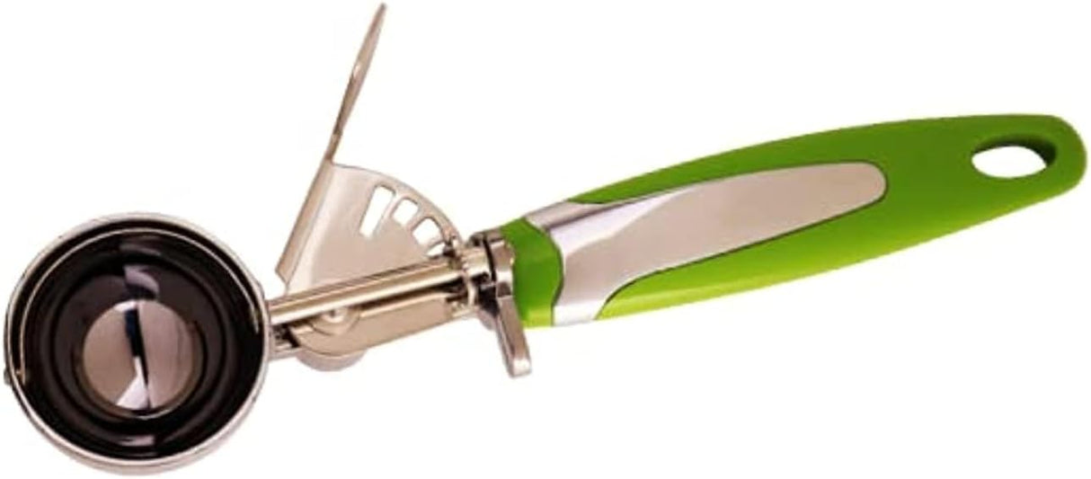 Meadows Ice Cream Scoop Stainless Steel With Plastic Handle Easy Trigger Release Professional Heavy Duty Sturdy Kitchen Tool with Comfortable Handle, for Cookie Dough Baking, Ice Ball Spoon, Fruit Mashed - 23cmX5cm - Green&Steel - Al Kabayel Discount CentreMeadows Ice Cream Scoop Stainless Steel With Plastic Handle Easy Trigger Release Professional Heavy Duty Sturdy Kitchen Tool with Comfortable Handle, for Cookie Dough Baking, Ice Ball Spoon, Fruit Mashed - 23cmX5cm - Green&SteelKitchen Utensil