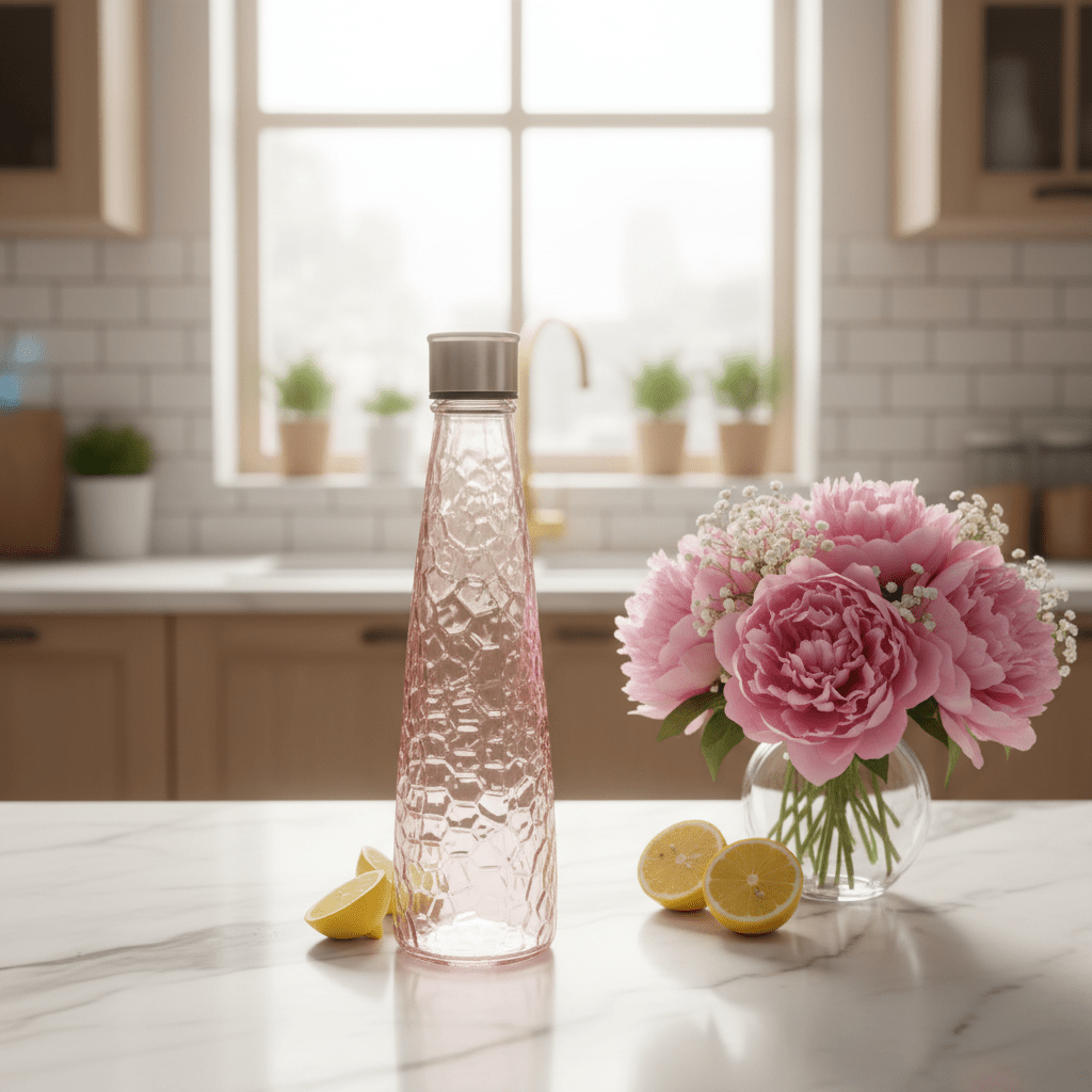 Millerhaus Honeycomb - Textured Crystal Glass Bottle 750ml with Metal Lid,Transparent Pink - Al Kabayel Discount CentreMillerhaus Honeycomb - Textured Crystal Glass Bottle 750ml with Metal Lid,Transparent PinkKitchen Utensils & GadgetsMILLERHAUSAl Kabayel Discount Centre