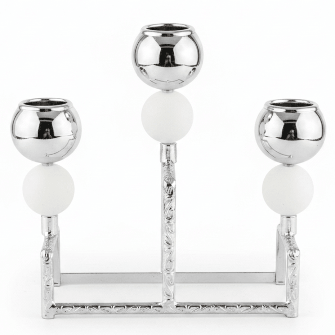 Modern Silver & White Metal 3 - Way Candle Holder Stand for Dining and Living Room Décor – 15cm - Al Kabayel Discount CentreModern Silver & White Metal 3 - Way Candle Holder Stand for Dining and Living Room Décor – 15cmHome Décor AccentsAKDCAl Kabayel Discount Centre