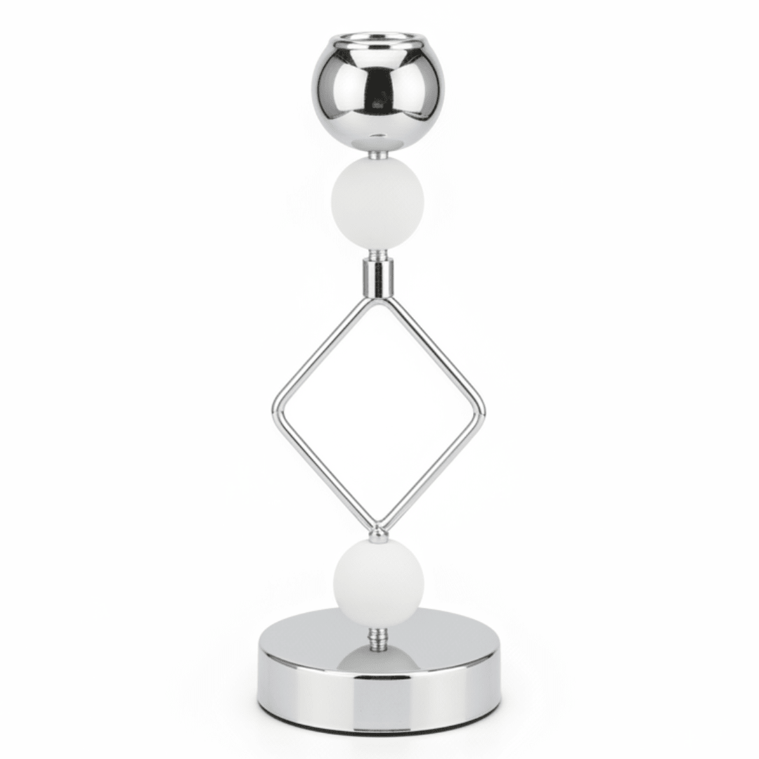 Modern Silver & White Metal Candle Holder for Elegant Home Styling – 21cm - Al Kabayel Discount CentreModern Silver & White Metal Candle Holder for Elegant Home Styling – 21cmHome Décor AccentsAKDCAl Kabayel Discount Centre