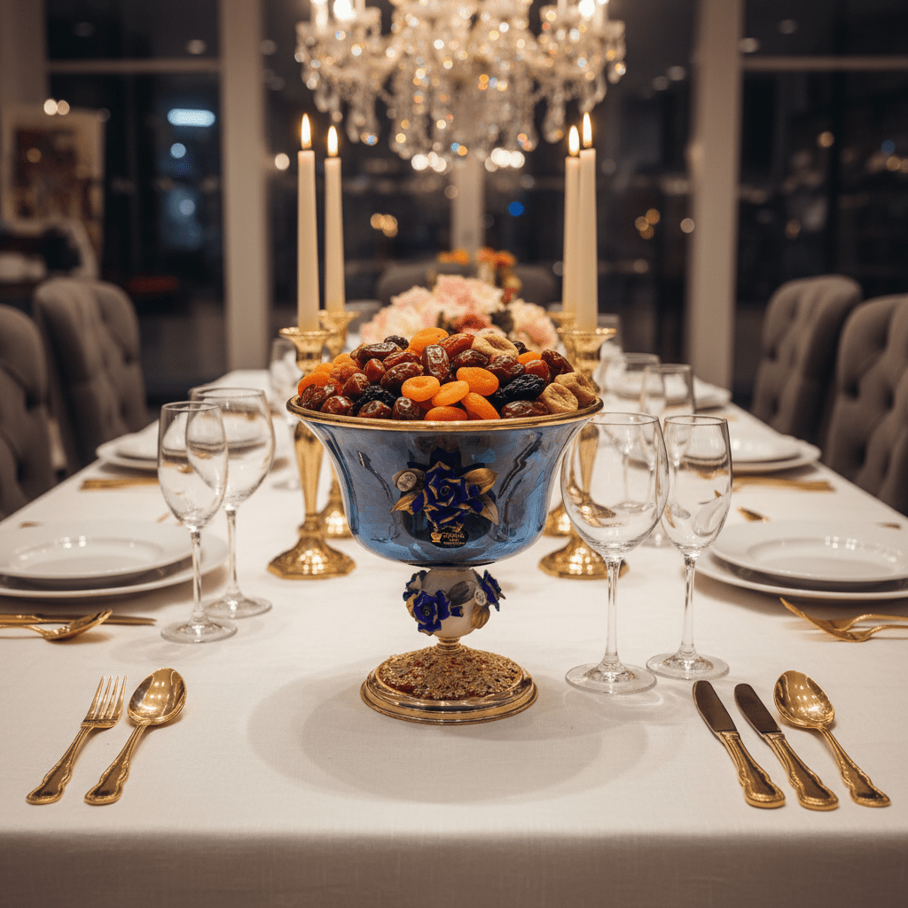 Murano Blue & Gold Decorative Metal Footed Glass Fruit Bowl with Porcelain Floral Design for Luxury Serving – 27 × 27.5 cm - Al Kabayel Discount CentreMurano Blue & Gold Decorative Metal Footed Glass Fruit Bowl with Porcelain Floral Design for Luxury Serving – 27 × 27.5 cmBowlsMURANOAl Kabayel Discount Centre