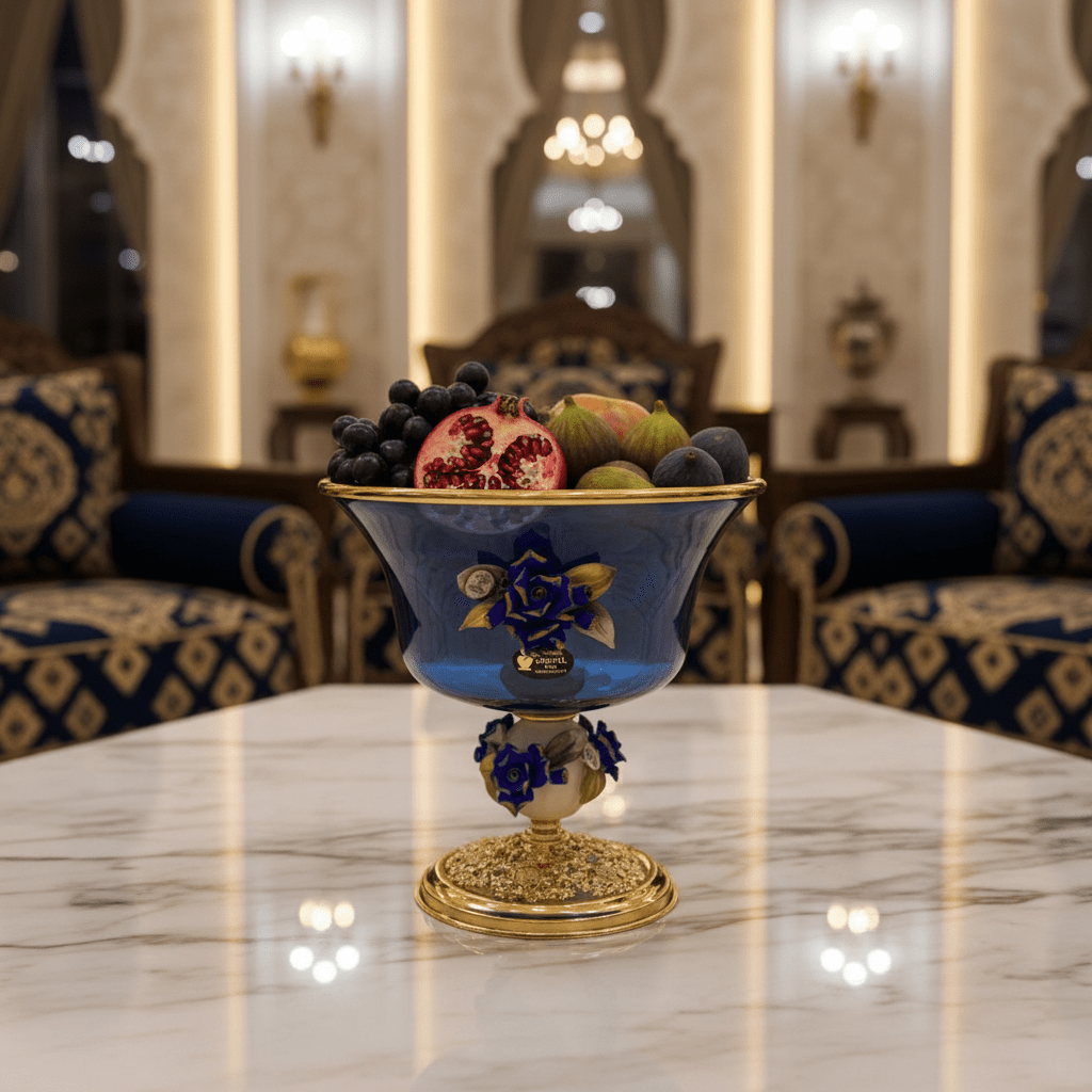 Murano Blue & Gold Decorative Metal Footed Glass Fruit Bowl with Porcelain Floral Design for Luxury Serving – 27 × 27.5 cm - Al Kabayel Discount CentreMurano Blue & Gold Decorative Metal Footed Glass Fruit Bowl with Porcelain Floral Design for Luxury Serving – 27 × 27.5 cmBowlsMURANOAl Kabayel Discount Centre