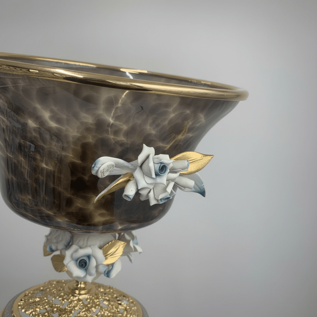 Murano Large Black & Gold Metal Footed Glass Fruit Bowl with Decorative Floral Design for Centerpiece Display – 27 × 27.5 cm - Al Kabayel Discount CentreMurano Large Black & Gold Metal Footed Glass Fruit Bowl with Decorative Floral Design for Centerpiece Display – 27 × 27.5 cmBowlsMURANOAl Kabayel Discount Centre