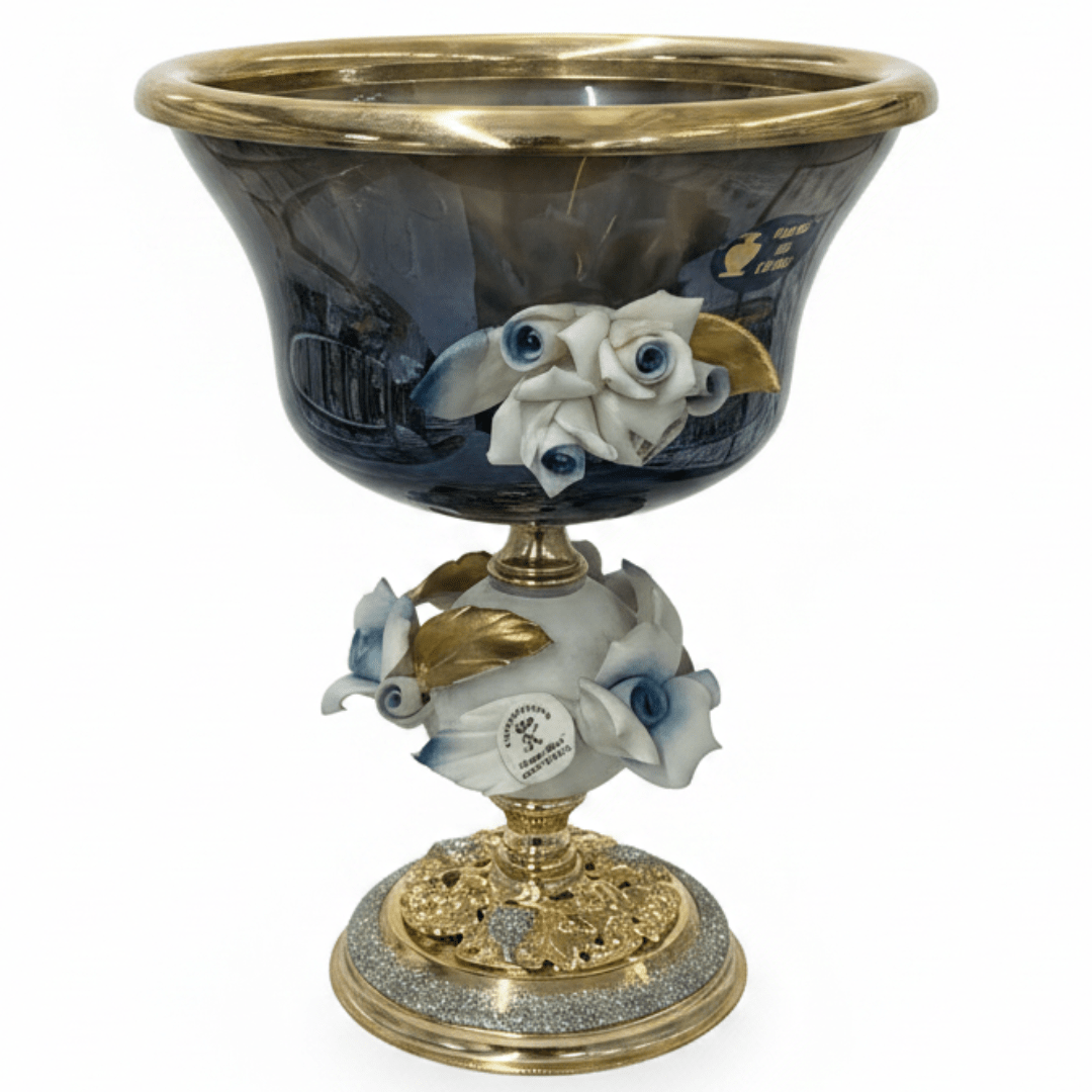 Murano Navy Blue & Gold Metal Footed Glass Fruit Bowl with Porcelain Flower Design for Table Décor – 15 × 14 cm - Al Kabayel Discount CentreMurano Navy Blue & Gold Metal Footed Glass Fruit Bowl with Porcelain Flower Design for Table Décor – 15 × 14 cmBowlsMURANOAl Kabayel Discount Centre
