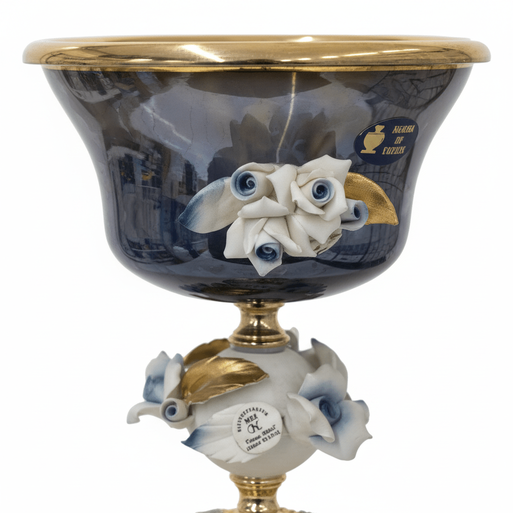 Murano Navy Blue & Gold Metal Footed Glass Fruit Bowl with Porcelain Flower Design for Table Décor – 15 × 14 cm - Al Kabayel Discount CentreMurano Navy Blue & Gold Metal Footed Glass Fruit Bowl with Porcelain Flower Design for Table Décor – 15 × 14 cmBowlsMURANOAl Kabayel Discount Centre