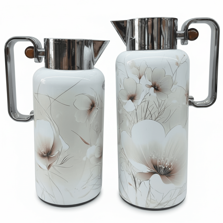Najib Classic Floral Series 2 - Piece Vacuum Flask Set (0.8 Liter / 1 Liter) – Durable Insulated Flasks in White with Silver Trim and Subtle White Floral Pattern – Design 3 - Al Kabayel Discount CentreNajib Classic Floral Series 2 - Piece Vacuum Flask Set (0.8 Liter / 1 Liter) – Durable Insulated Flasks in White with Silver Trim and Subtle White Floral Pattern – Design 3NAJIBAl Kabayel Discount Centre