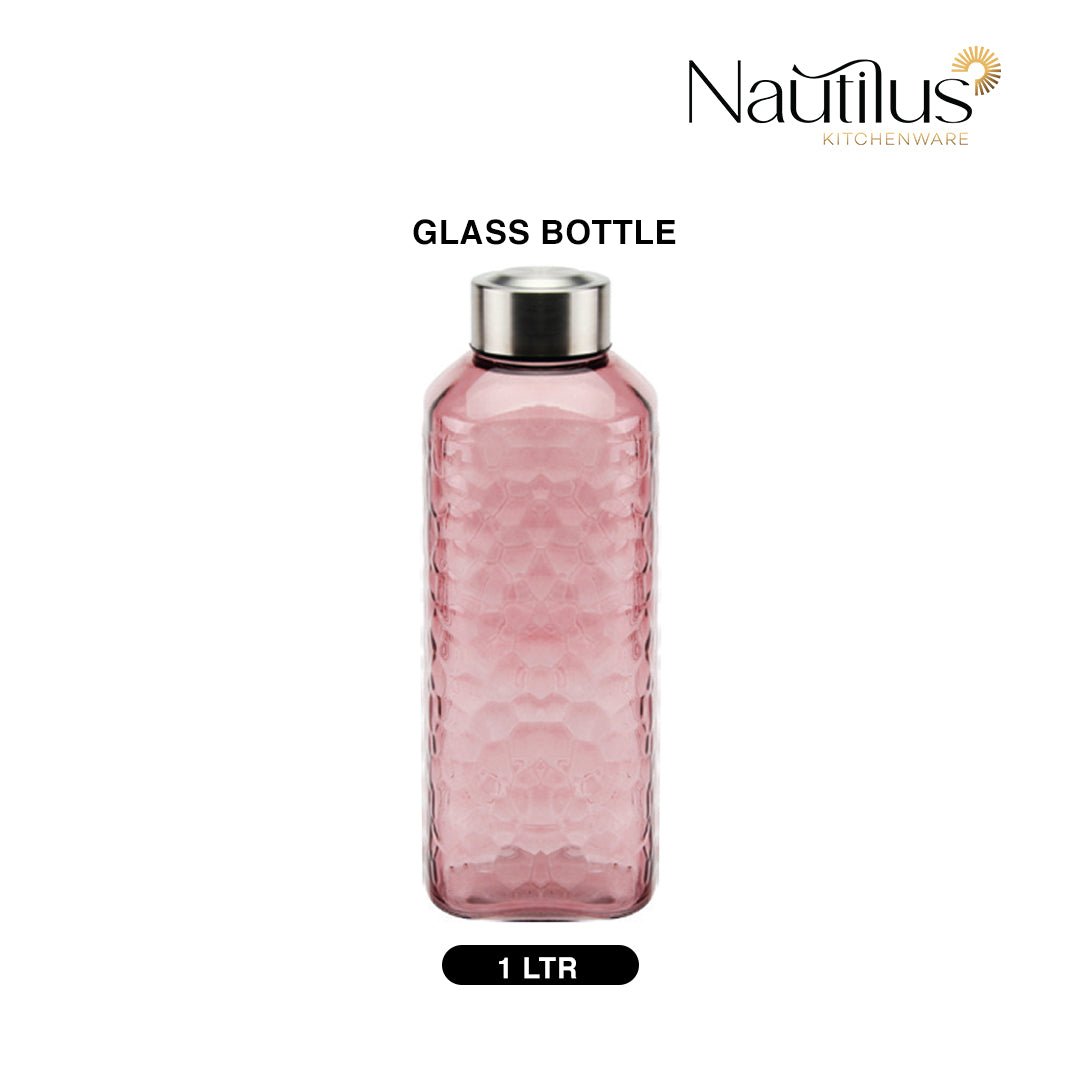 Nautilus Glass Bottle 1000ml Glass, Honeycomp Design , Non - Toxic and Food - Safe Material, Dishwasher Safe ,With metal lid - Transparent Pink - Al Kabayel Discount CentreNautilus Glass Bottle 1000ml Glass, Honeycomp Design , Non - Toxic and Food - Safe Material, Dishwasher Safe ,With metal lid - Transparent PinkKitchen Utensils & GadgetsNAUTILUSAl Kabayel Discount Centre