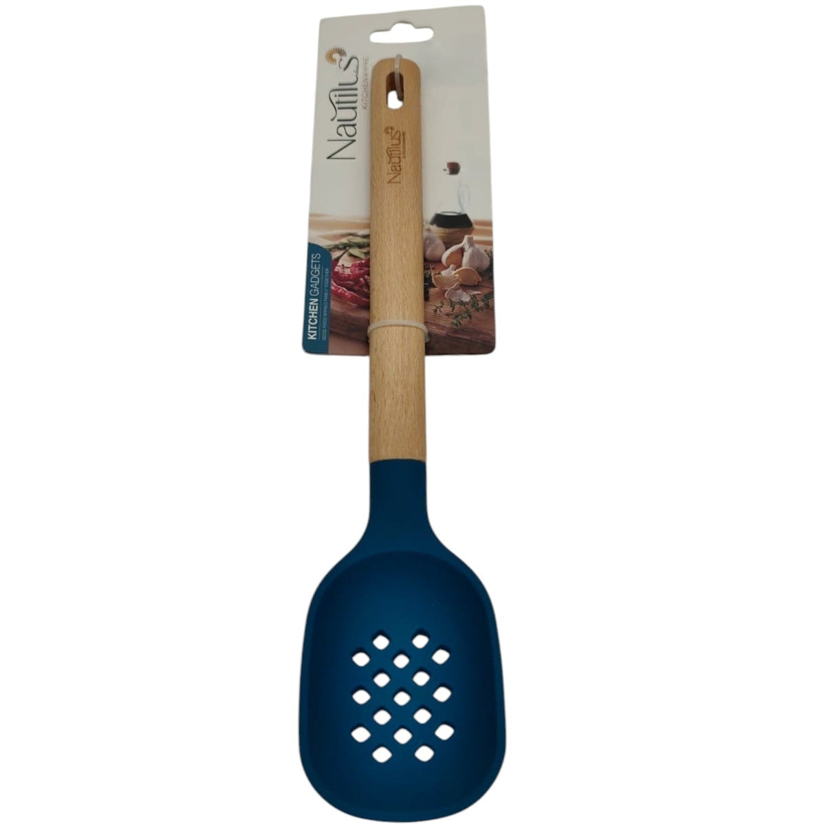 Nautilus Silicone Slotted Spoon With Wooden Handle - 33cmX7cm - Blue&Wooden - Al Kabayel Discount CentreNautilus Silicone Slotted Spoon With Wooden Handle - 33cmX7cm - Blue&WoodenCookware AccessoriesNAUTILUSAl Kabayel Discount Centre
