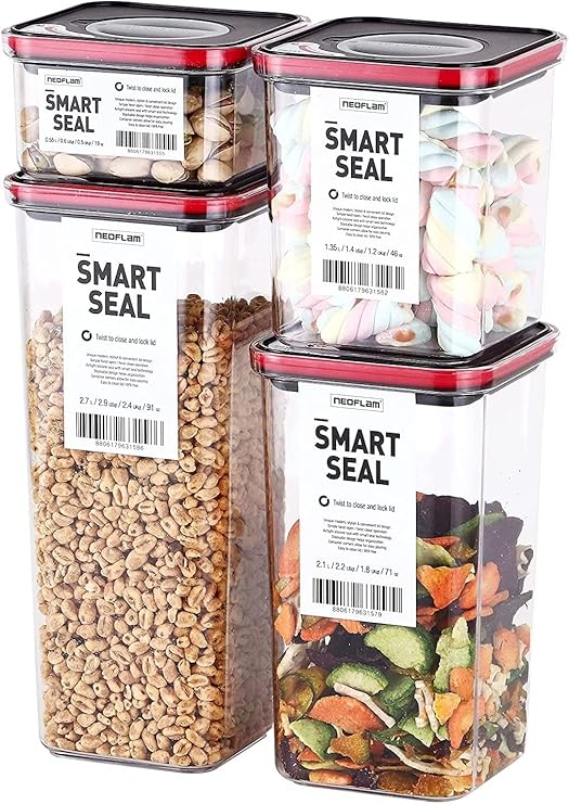 Neoflam Smart Seal Patent Airtight Kitchen Pantry Canister/Organizer Clear Plastic Container with Simple Twist Lids, Leak Proof, Dishwasher Safe, BPA Free, Cereal, Flour, Dry Food Storage 4 Piece Set - Al Kabayel Discount CentreNeoflam Smart Seal Patent Airtight Kitchen Pantry Canister/Organizer Clear Plastic Container with Simple Twist Lids, Leak Proof, Dishwasher Safe, BPA Free, Cereal, Flour, Dry Food Storage 4 Piece SetFood ContainersNEOFLAMAl Kabayel Discount Centre