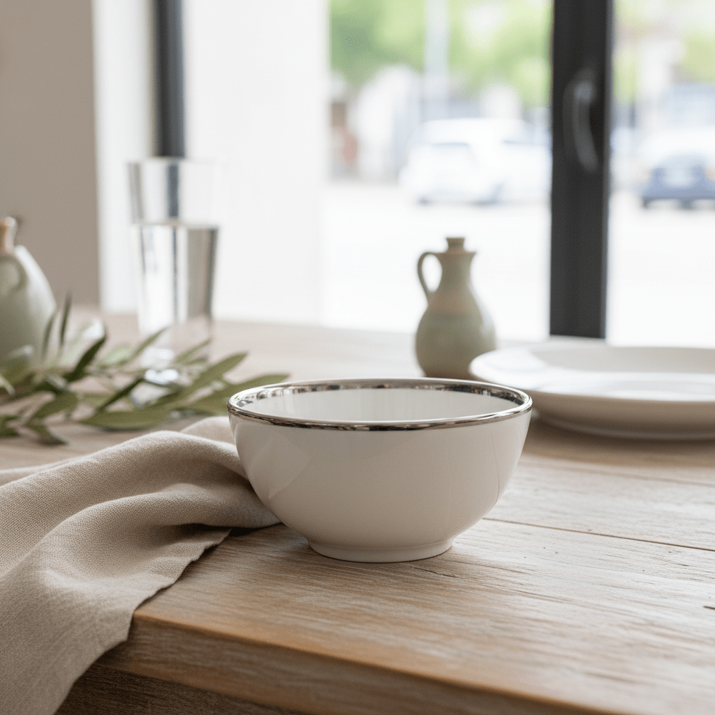New East Sun White Ceramic Bowl with Silver Rim — 4 Inch - Al Kabayel Discount CentreNew East Sun White Ceramic Bowl with Silver Rim — 4 InchBowlsNEW EAST SUNAl Kabayel Discount Centre