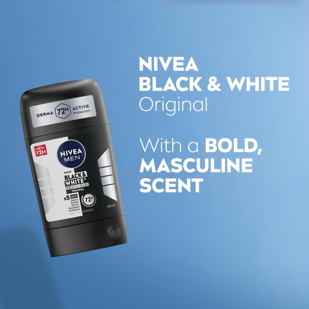 Nivea Men Black & White Invisible Antiperspirant Deodorant Stick, Original, 72H Active Protection, 5IN1, Anti - Odour, Sweat, Stains, Residues & Irritation - 50ML - Al Kabayel Discount CentreNivea Men Black & White Invisible Antiperspirant Deodorant Stick, Original, 72H Active Protection, 5IN1, Anti - Odour, Sweat, Stains, Residues & Irritation - 50MLDeodorants & AntiperspirantsNIVEAAl Kabayel Discount Centre
