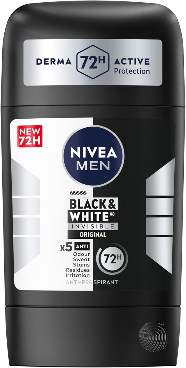 Nivea Men Black & White Invisible Antiperspirant Deodorant Stick, Original, 72H Active Protection, 5IN1, Anti - Odour, Sweat, Stains, Residues & Irritation - 50ML - Al Kabayel Discount CentreNivea Men Black & White Invisible Antiperspirant Deodorant Stick, Original, 72H Active Protection, 5IN1, Anti - Odour, Sweat, Stains, Residues & Irritation - 50MLDeodorants & AntiperspirantsNIVEAAl Kabayel Discount Centre