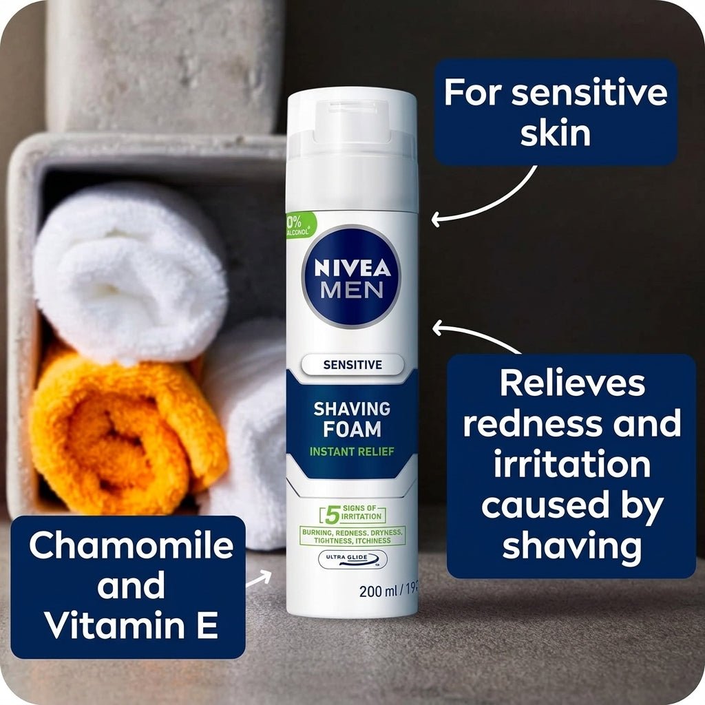 Nivea Men Sensitive Shaving Foam – Instant Relief, 200ml - Al Kabayel Discount CentreNivea Men Sensitive Shaving Foam – Instant Relief, 200mlShaving & GroomingNIVEAAl Kabayel Discount Centre