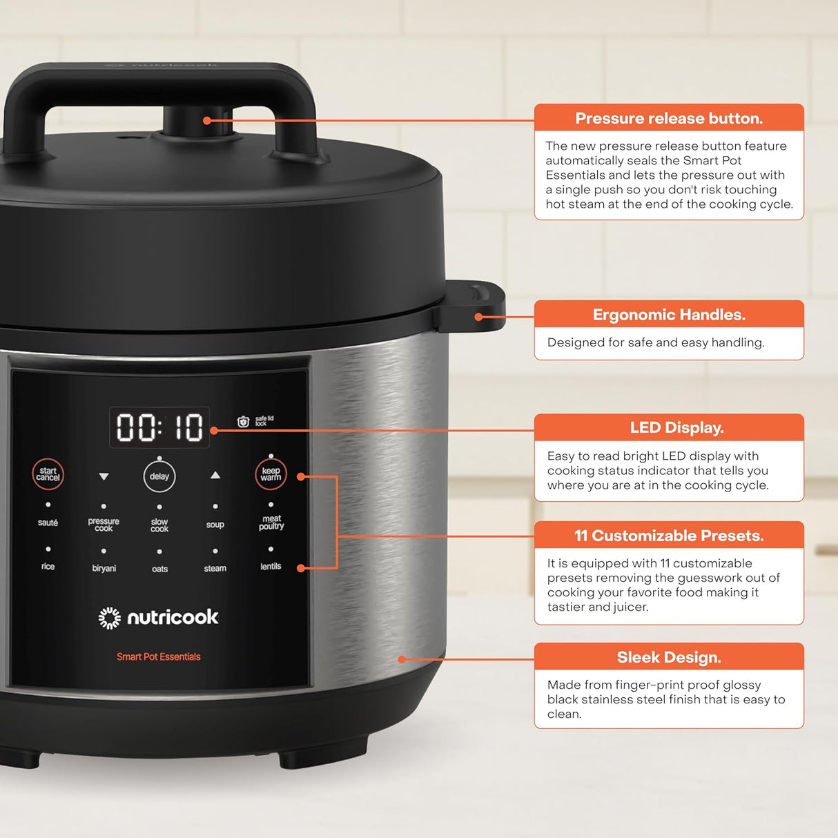 Nutricook Smart Pot Electric Pressure Cooker, 4L Capacity, 900W, 11 Cooking Programs, Dishwasher - Safe, Food - Grade Stainless Steel Pot,Built - in Safety Features,NC - SP150 - Al Kabayel Discount CentreNutricook Smart Pot Electric Pressure Cooker, 4L Capacity, 900W, 11 Cooking Programs, Dishwasher - Safe, Food - Grade Stainless Steel Pot,Built - in Safety Features,NC - SP150Electric CookersNUTRICOOKAl Kabayel Discount Centre