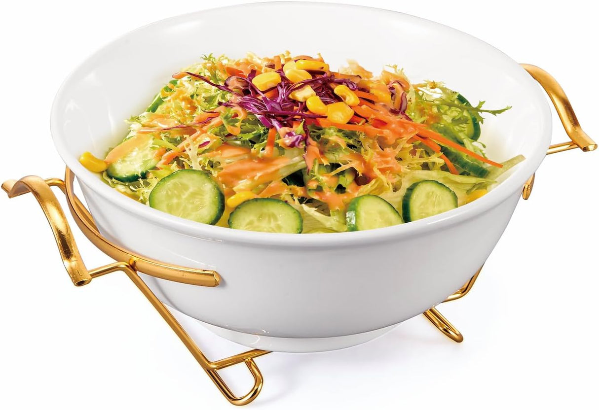 Orchid 10.8Inch Round Ceramic Serving Bowl With Gold Stand – Salad Bowl With Metal Rack - Fruit Basket For Fruit Vegetable Storage, Snack, Nuts, Cake, Dessert - White&Gold - Al Kabayel Discount CentreOrchid 10.8Inch Round Ceramic Serving Bowl With Gold Stand – Salad Bowl With Metal Rack - Fruit Basket For Fruit Vegetable Storage, Snack, Nuts, Cake, Dessert - White&GoldBowlsORCHIDAl Kabayel Discount Centre