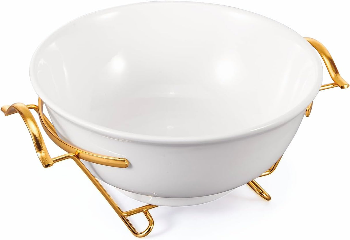 Orchid 10.8Inch Round Ceramic Serving Bowl With Gold Stand – Salad Bowl With Metal Rack - Fruit Basket For Fruit Vegetable Storage, Snack, Nuts, Cake, Dessert - White&Gold - Al Kabayel Discount CentreOrchid 10.8Inch Round Ceramic Serving Bowl With Gold Stand – Salad Bowl With Metal Rack - Fruit Basket For Fruit Vegetable Storage, Snack, Nuts, Cake, Dessert - White&GoldBowlsORCHIDAl Kabayel Discount Centre