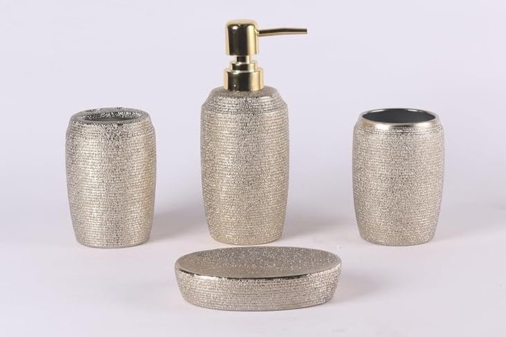 ORCHID 4pcs Ceramic Bathroom Set Shimmer(Soap Dispenser 300ml, Toothbrush Cup, Toothbrush Holder, Soap Dish), Gold - Al Kabayel Discount CentreORCHID 4pcs Ceramic Bathroom Set Shimmer(Soap Dispenser 300ml, Toothbrush Cup, Toothbrush Holder, Soap Dish), GoldHome Décor AccentsORCHIDAl Kabayel Discount Centre