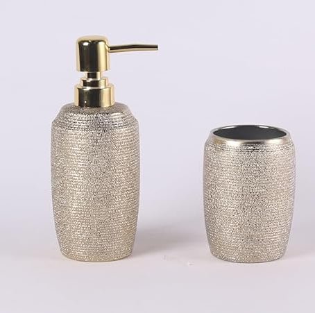 ORCHID 4pcs Ceramic Bathroom Set Shimmer(Soap Dispenser 300ml, Toothbrush Cup, Toothbrush Holder, Soap Dish), Gold - Al Kabayel Discount CentreORCHID 4pcs Ceramic Bathroom Set Shimmer(Soap Dispenser 300ml, Toothbrush Cup, Toothbrush Holder, Soap Dish), GoldHome Décor AccentsORCHIDAl Kabayel Discount Centre