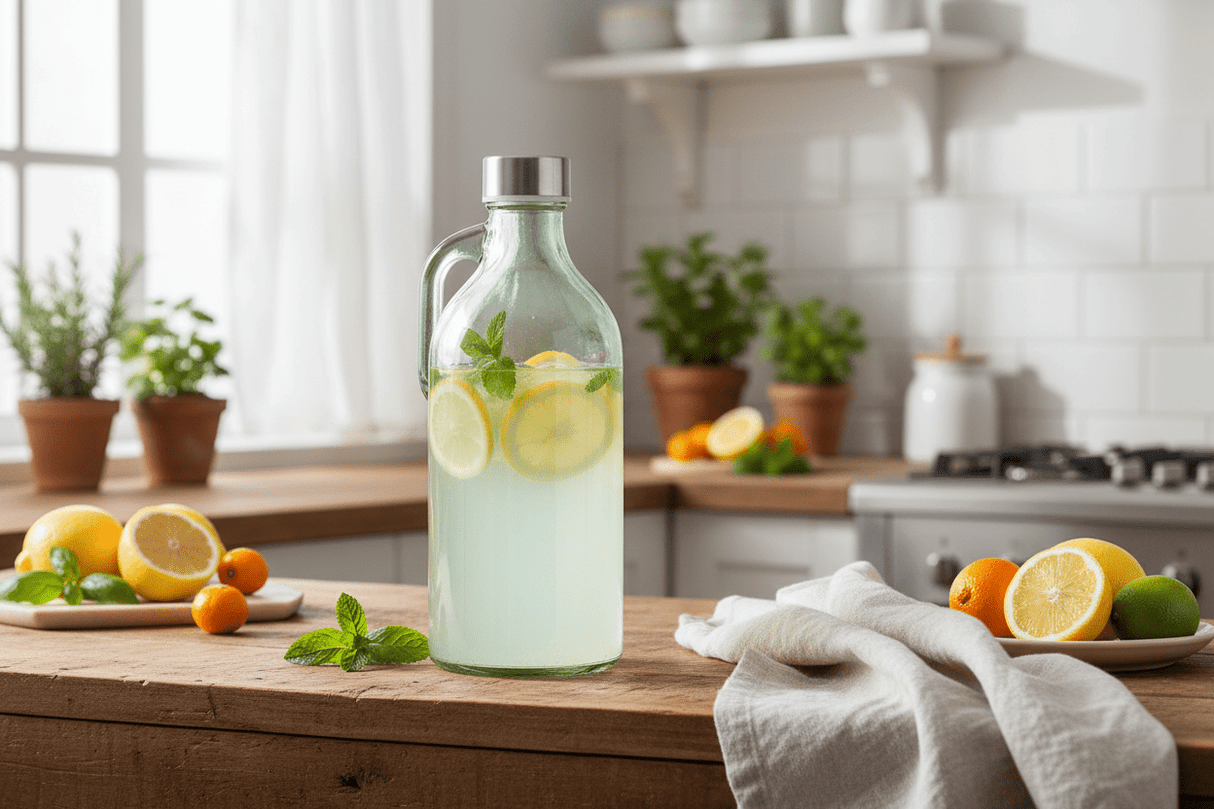 Orchid Artisan Glass Jug Bottle with Handle & Stainless Steel Cap — Pale Aqua - Clear Vintage Design, 1 Litre - Al Kabayel Discount CentreOrchid Artisan Glass Jug Bottle with Handle & Stainless Steel Cap — Pale Aqua - Clear Vintage Design, 1 LitreJugsORCHIDAl Kabayel Discount Centre