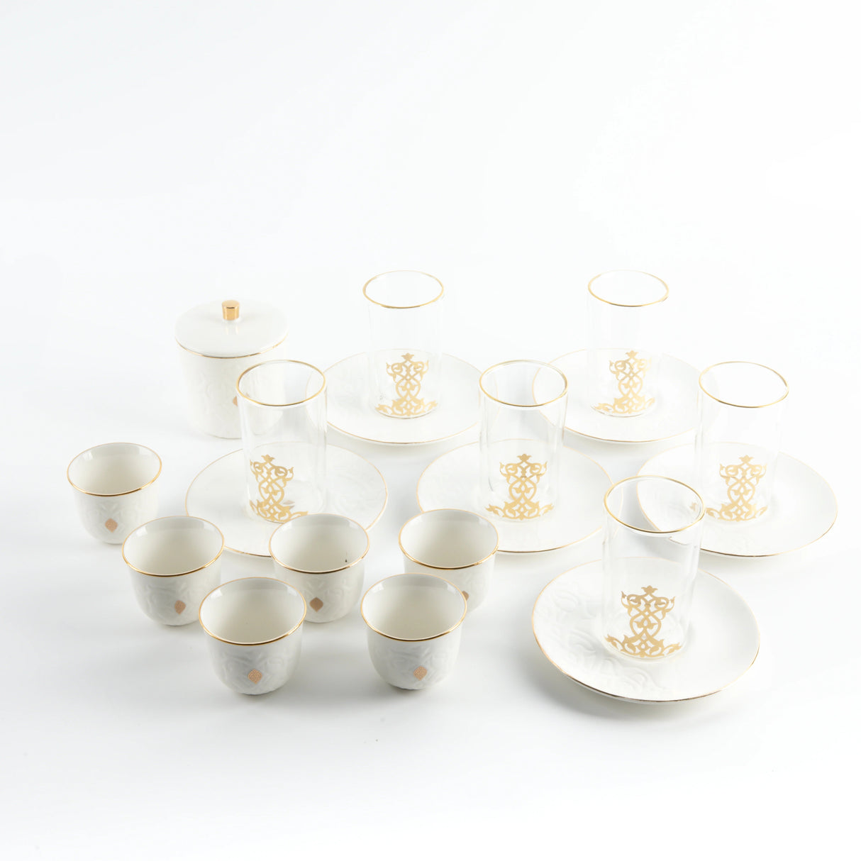 Otantic Naqsh 19pcs Tea & Arabic Coffee Set, 6pcs Double Glass Cups 130ml + 6pc Saucers + 6pcs Arabic Coffee Cup 80ml +1pc Sugar Pot 250ml, White/Gold, ET2940 - Al Kabayel Discount CentreOtantic Naqsh 19pcs Tea & Arabic Coffee Set, 6pcs Double Glass Cups 130ml + 6pc Saucers + 6pcs Arabic Coffee Cup 80ml +1pc Sugar Pot 250ml, White/Gold, ET2940Tea SetsOTANTIKAl Kabayel Discount Centre