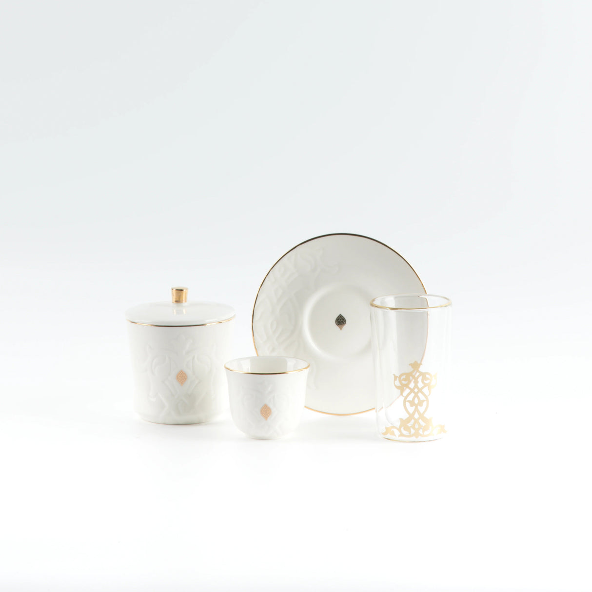 Otantic Naqsh 19pcs Tea & Arabic Coffee Set, 6pcs Double Glass Cups 130ml + 6pc Saucers + 6pcs Arabic Coffee Cup 80ml +1pc Sugar Pot 250ml, White/Gold, ET2940 - Al Kabayel Discount CentreOtantic Naqsh 19pcs Tea & Arabic Coffee Set, 6pcs Double Glass Cups 130ml + 6pc Saucers + 6pcs Arabic Coffee Cup 80ml +1pc Sugar Pot 250ml, White/Gold, ET2940Tea SetsOTANTIKAl Kabayel Discount Centre