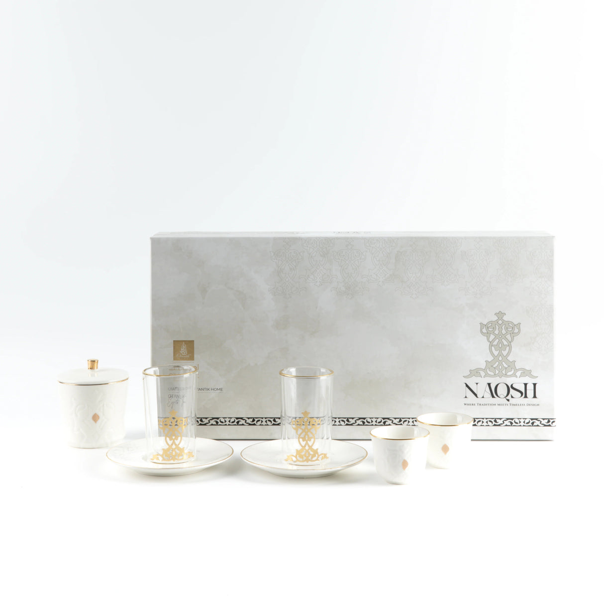 Otantic Naqsh 19pcs Tea & Arabic Coffee Set, 6pcs Double Glass Cups 130ml + 6pc Saucers + 6pcs Arabic Coffee Cup 80ml +1pc Sugar Pot 250ml, White/Gold, ET2940 - Al Kabayel Discount CentreOtantic Naqsh 19pcs Tea & Arabic Coffee Set, 6pcs Double Glass Cups 130ml + 6pc Saucers + 6pcs Arabic Coffee Cup 80ml +1pc Sugar Pot 250ml, White/Gold, ET2940Tea SetsOTANTIKAl Kabayel Discount Centre