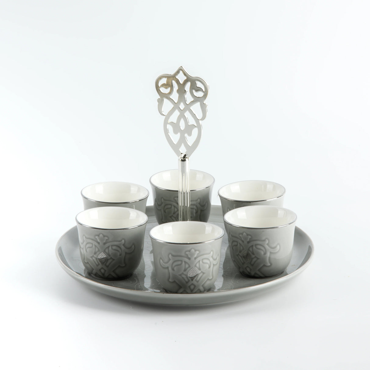 Otantic Naqsh 7pcs Porcelain Arabic Coffee Set, 6pcs Cups 80ml +1pc Standwith Handle, Grey/Silver, ET2968 - Al Kabayel Discount CentreOtantic Naqsh 7pcs Porcelain Arabic Coffee Set, 6pcs Cups 80ml +1pc Standwith Handle, Grey/Silver, ET2968Tea SetsOTANTIKAl Kabayel Discount Centre