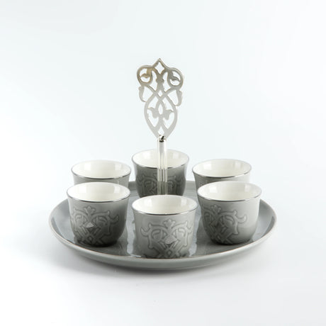 Otantic Naqsh 7pcs Porcelain Arabic Coffee Set, 6pcs Cups 80ml +1pc Standwith Handle, Grey/Silver, ET2968 - Al Kabayel Discount CentreOtantic Naqsh 7pcs Porcelain Arabic Coffee Set, 6pcs Cups 80ml +1pc Standwith Handle, Grey/Silver, ET2968Tea SetsOTANTIKAl Kabayel Discount Centre