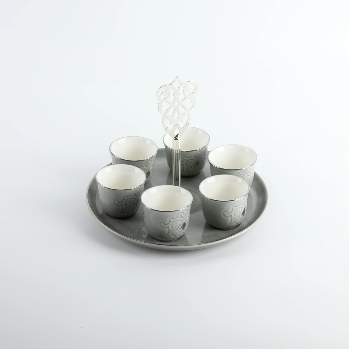 Otantic Naqsh 7pcs Porcelain Arabic Coffee Set, 6pcs Cups 80ml +1pc Standwith Handle, Grey/Silver, ET2968 - Al Kabayel Discount CentreOtantic Naqsh 7pcs Porcelain Arabic Coffee Set, 6pcs Cups 80ml +1pc Standwith Handle, Grey/Silver, ET2968Tea SetsOTANTIKAl Kabayel Discount Centre