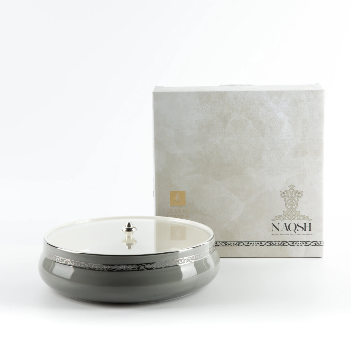 Otantic Naqsh Ceramic Dates Bowl with Lid 23.5cm*6.5cm, Grey/Silver - ET2973 - Al Kabayel Discount CentreOtantic Naqsh Ceramic Dates Bowl with Lid 23.5cm*6.5cm, Grey/Silver - ET2973BowlsOTANTIKAl Kabayel Discount Centre