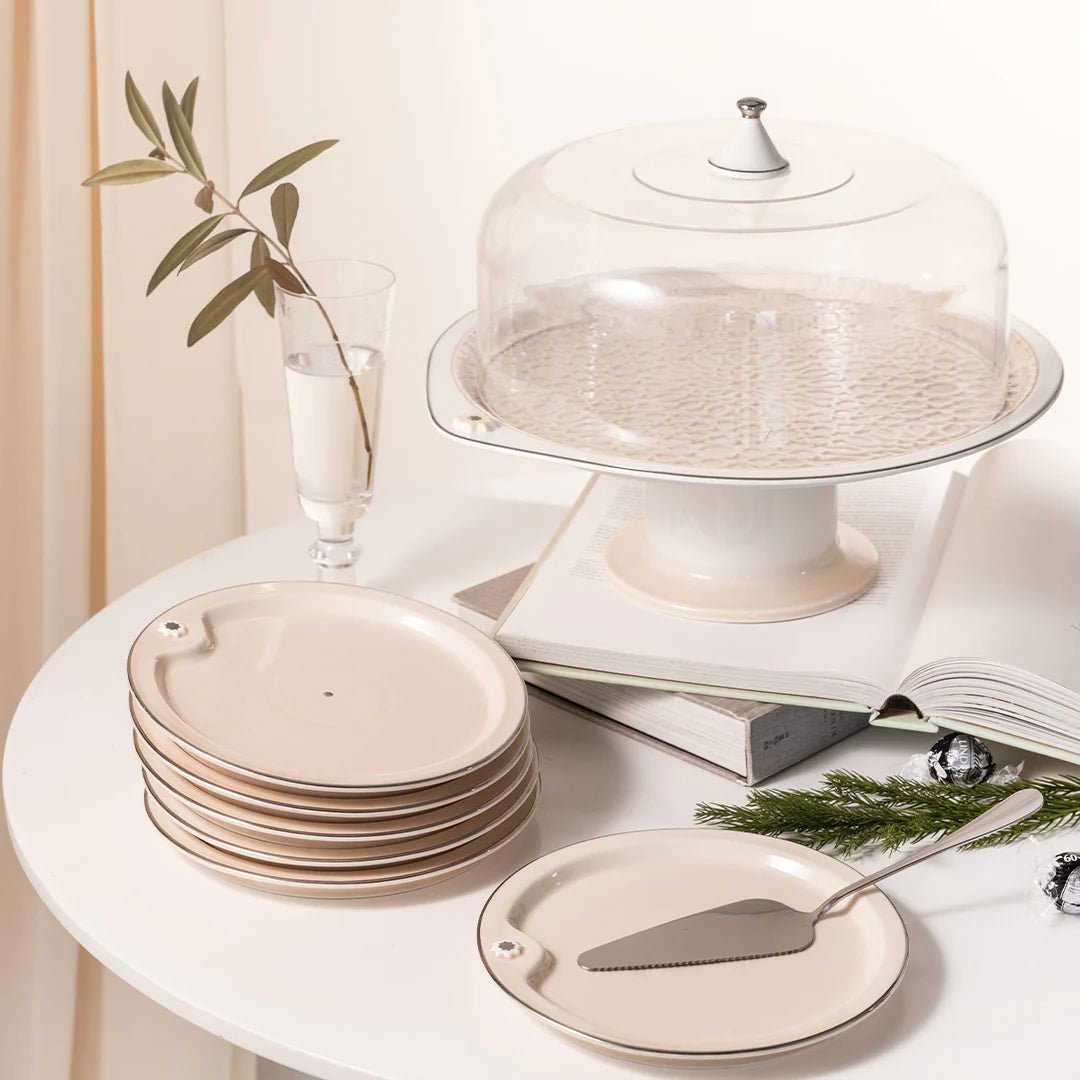 Otantik Asala Porcelain 9 - Piece Cake Serving Set - Beige and Silver - Al Kabayel Discount CentreOtantik Asala Porcelain 9 - Piece Cake Serving Set - Beige and SilverServing TraysOTANTIKAl Kabayel Discount Centre
