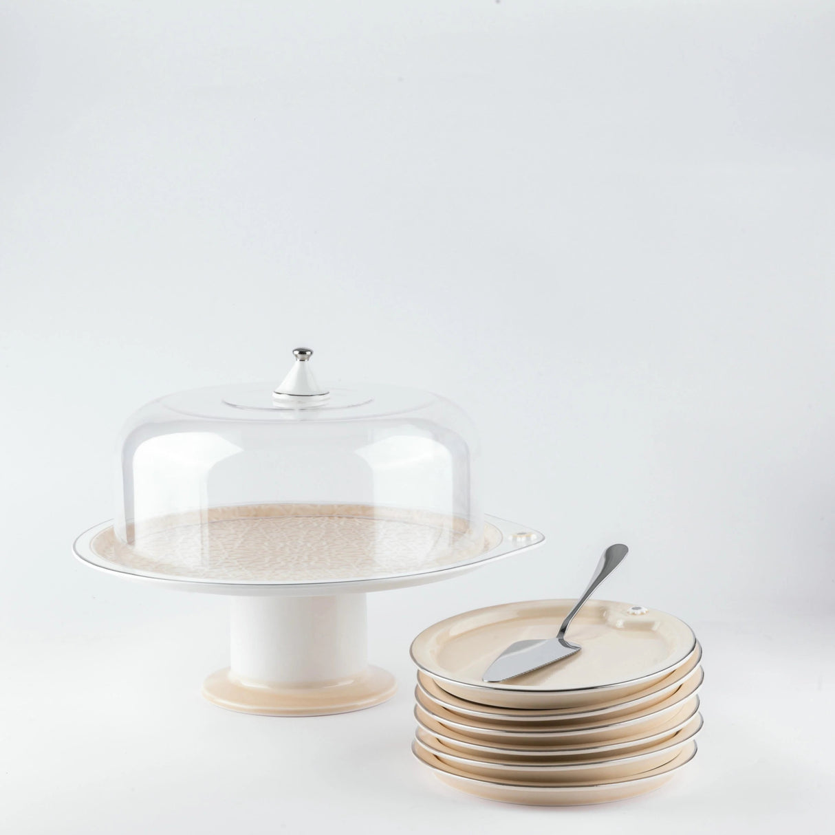Otantik Asala Porcelain 9 - Piece Cake Serving Set - Beige and Silver - Al Kabayel Discount CentreOtantik Asala Porcelain 9 - Piece Cake Serving Set - Beige and SilverServing TraysOTANTIKAl Kabayel Discount Centre