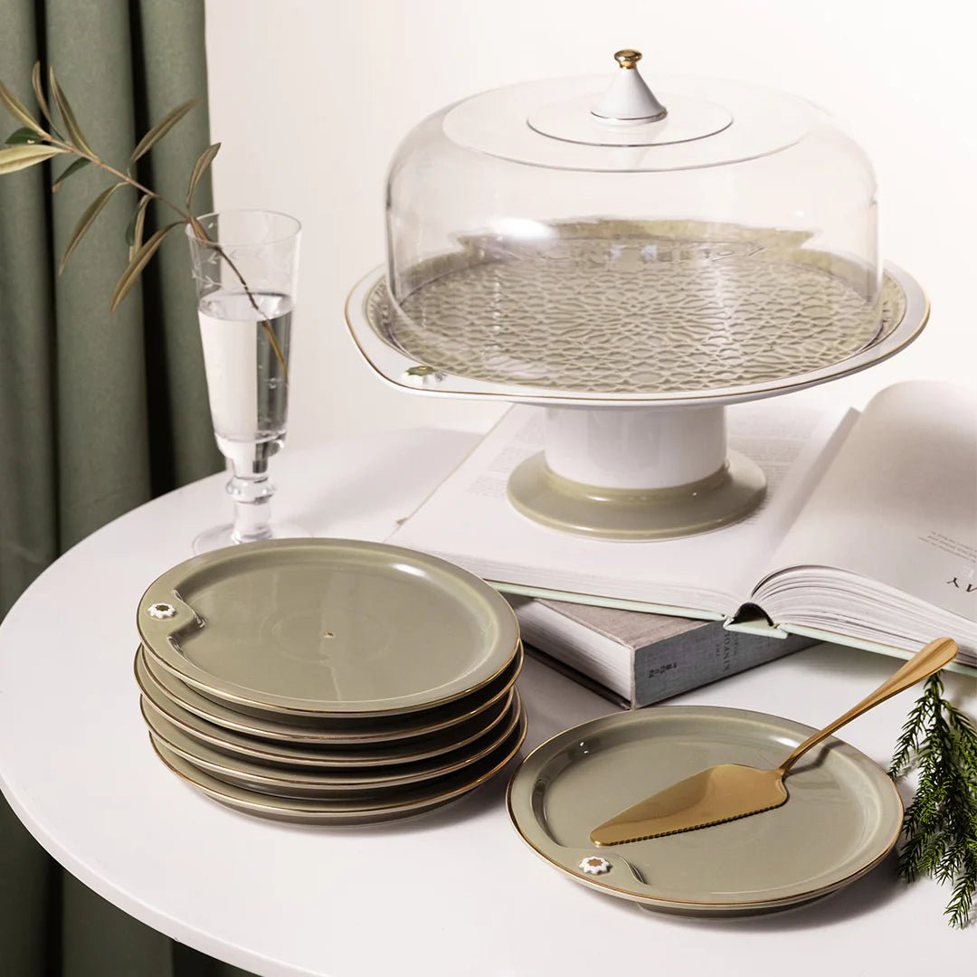 Otantik Asala Porcelain 9 - Piece Cake Serving Set - Olive and Gold - Al Kabayel Discount CentreOtantik Asala Porcelain 9 - Piece Cake Serving Set - Olive and GoldServing TraysOTANTIKAl Kabayel Discount Centre