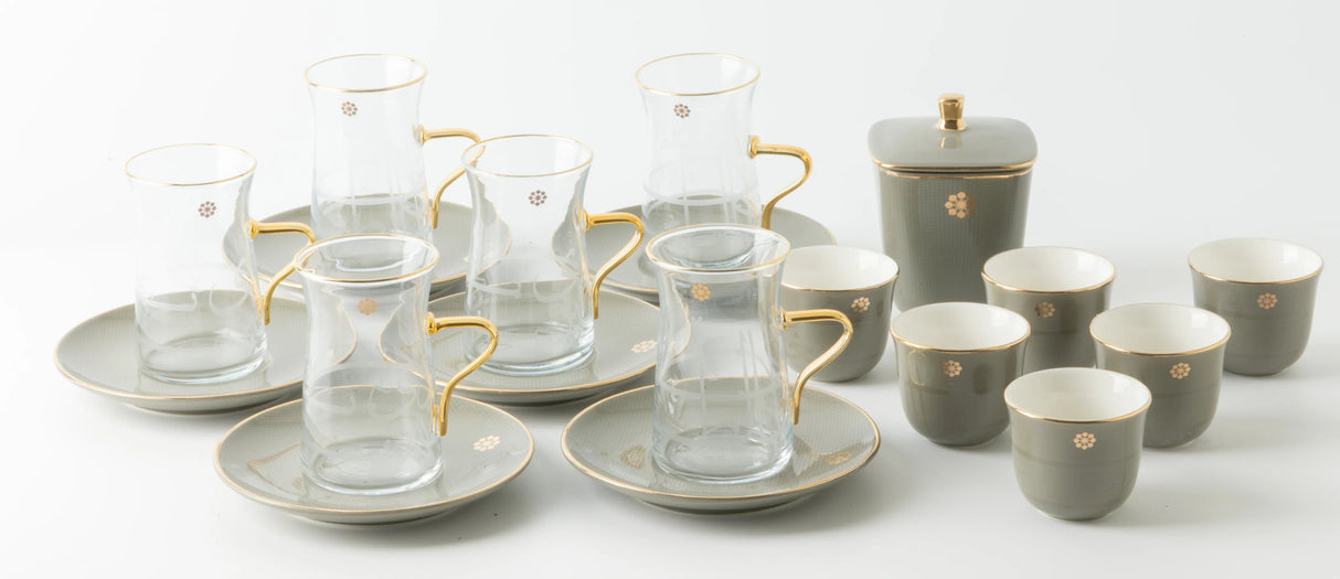 Otantik Mirral Luxury 19 - Piece Arabic Tea & Coffee Serving Set – Grey & Gold Porcelain Collection - Al Kabayel Discount CentreOtantik Mirral Luxury 19 - Piece Arabic Tea & Coffee Serving Set – Grey & Gold Porcelain CollectionTea SetsOTANTIKAl Kabayel Discount Centre