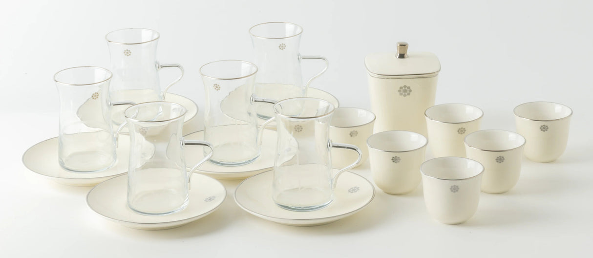 Otantik Mirral Luxury 19 - Piece Arabic Tea & Coffee Serving Set – White & Silver Porcelain Collection - Al Kabayel Discount CentreOtantik Mirral Luxury 19 - Piece Arabic Tea & Coffee Serving Set – White & Silver Porcelain CollectionTea SetsOTANTIKAl Kabayel Discount Centre